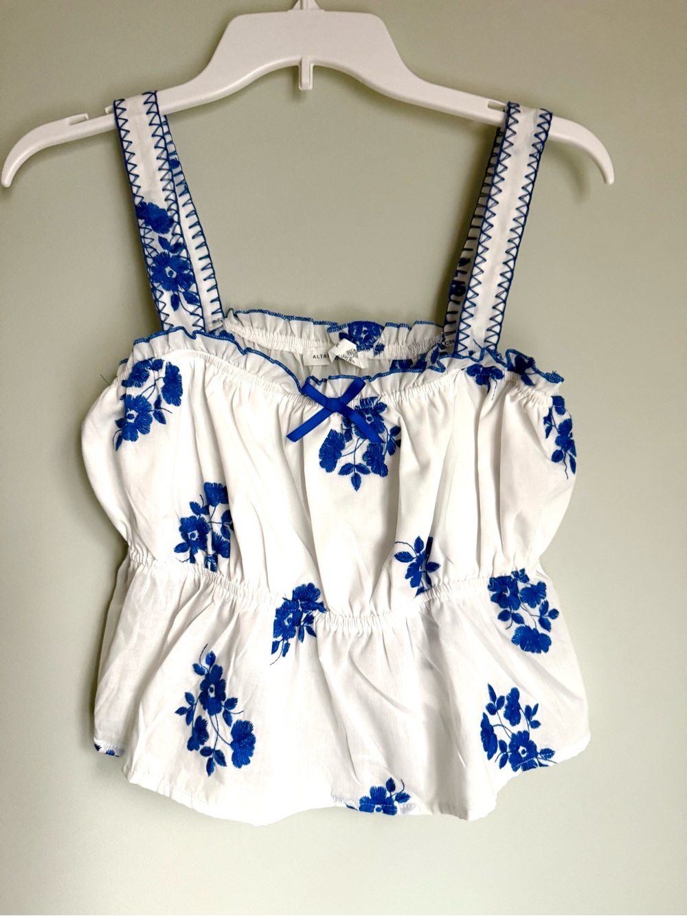 Altar'd State White Peplum Tank with Blue Floral Embroidery